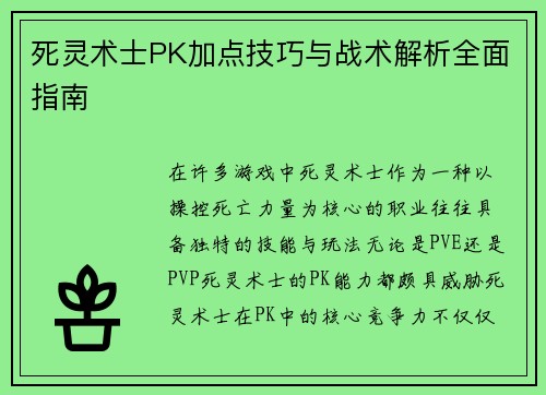 死灵术士PK加点技巧与战术解析全面指南