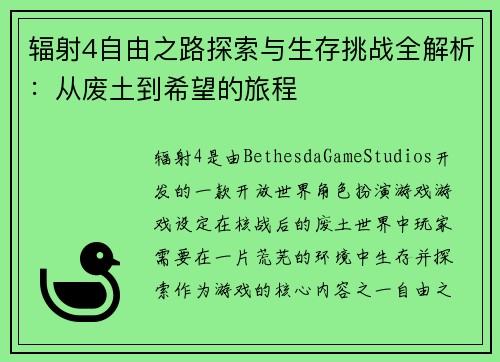 辐射4自由之路探索与生存挑战全解析：从废土到希望的旅程